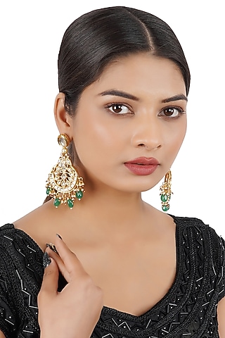 Gold Finish Kundan Chandbali Earrings In Mixed Metal by Chhavi's Jewels