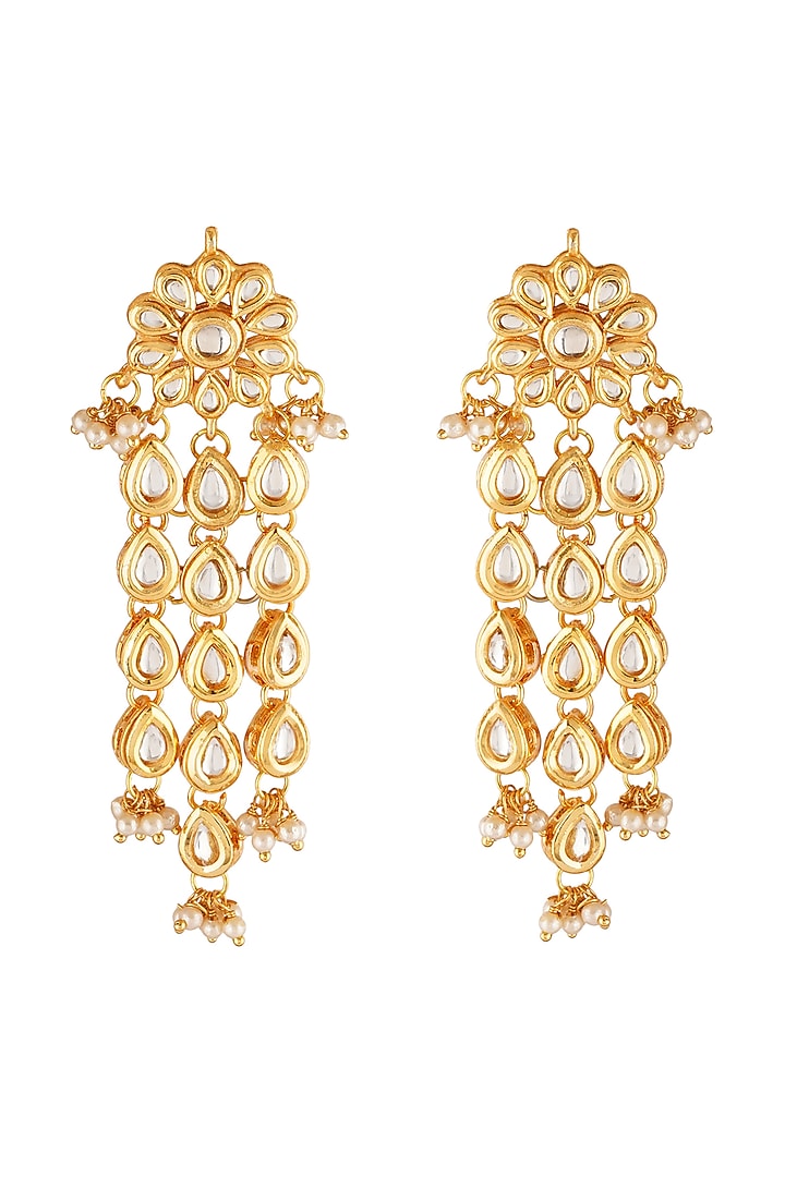 Gold Finish Kundan Polki Dangler Earrings In Mixed Metal by Chhavi's Jewels at Pernia's Pop Up Shop