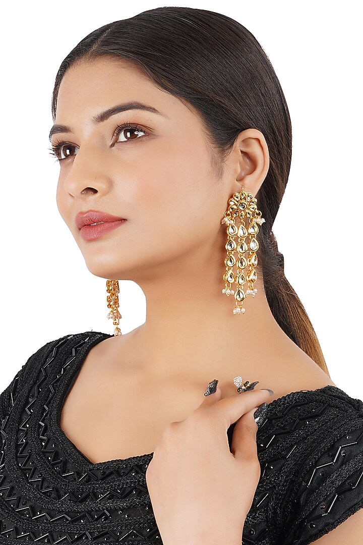 Gold Finish Kundan Polki Dangler Earrings In Mixed Metal by Chhavi's Jewels at Pernia's Pop Up Shop
