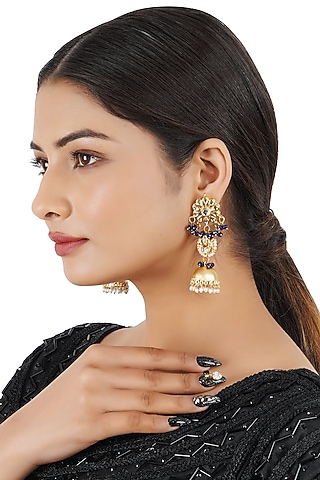 Gold Finish Mixed Metal Kundan Polki Dangler Earrings  by Chhavi's Jewels