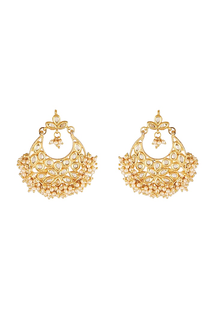 Gold Finish Kundan Polki Chandbali Earrings In Mixed Metal by Chhavi's Jewels at Pernia's Pop Up Shop
