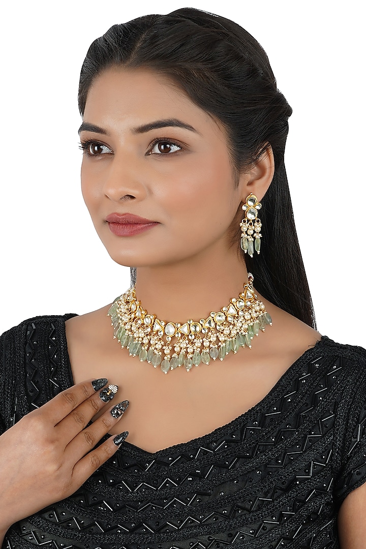 Gold Finish Mint Beaded Necklace Set by Chhavi's Jewels