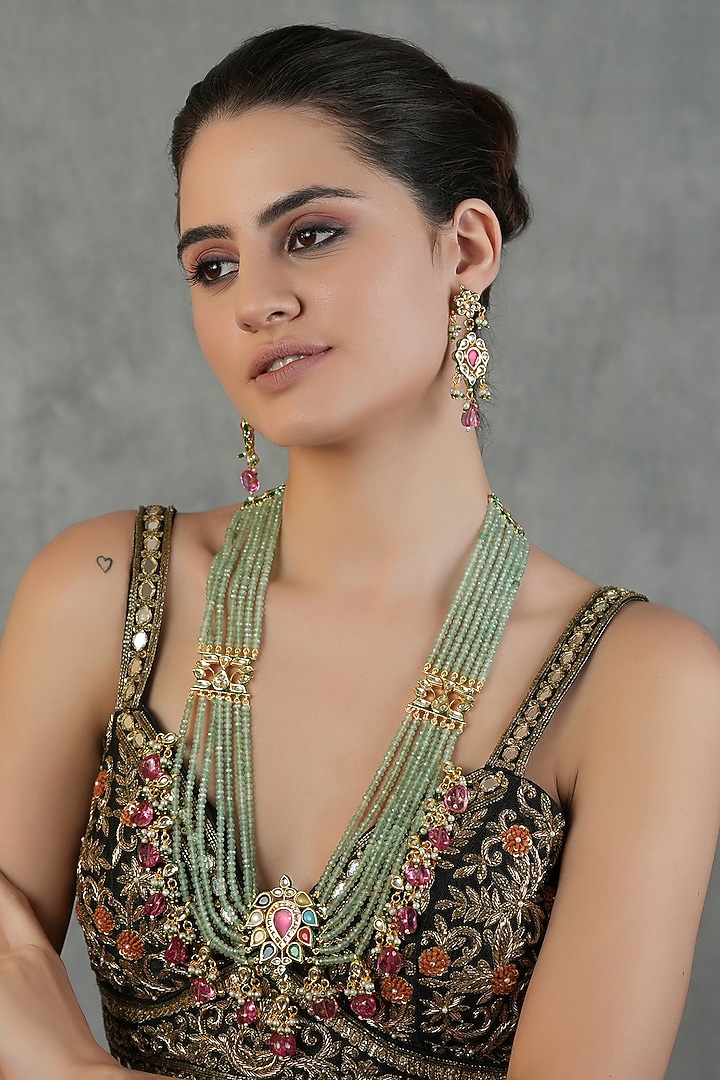 Gold Finish Kundan Polki Long Necklace Set by Chhavi'S Jewels at Pernia's Pop Up Shop