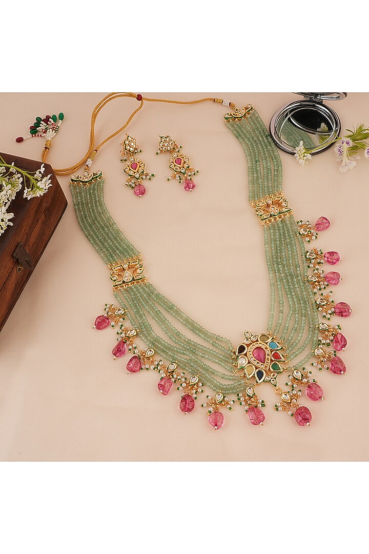 Gold Finish Kundan Polki Long Necklace Set by Chhavi'S Jewels at Pernia's Pop Up Shop