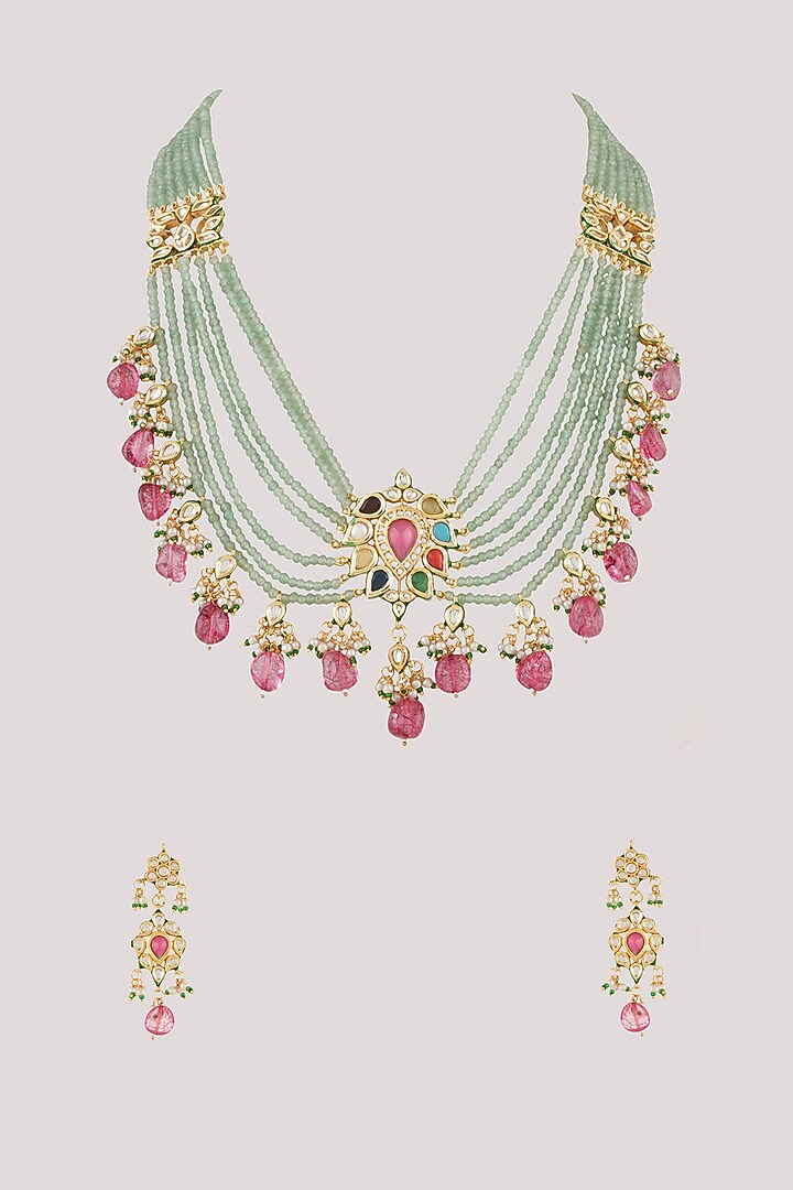 Gold Finish Kundan Polki Long Necklace Set by Chhavi'S Jewels at Pernia's Pop Up Shop