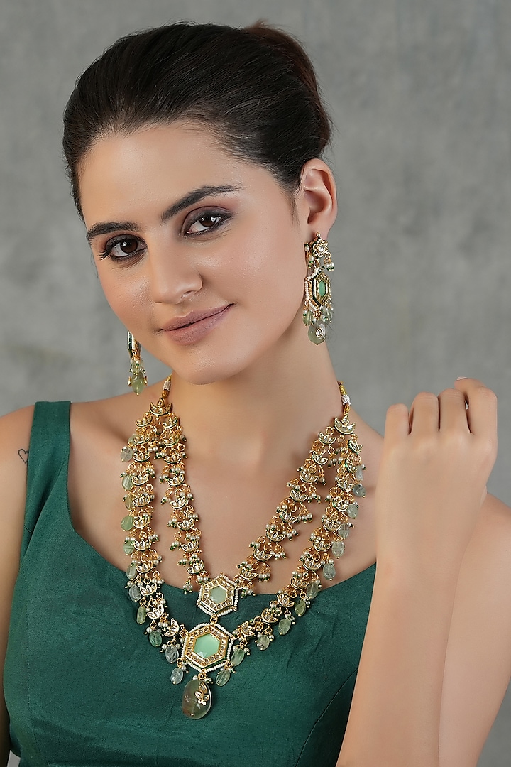 Gold Finish Kundan Polki Layered Necklace Set by Chhavi'S Jewels at Pernia's Pop Up Shop