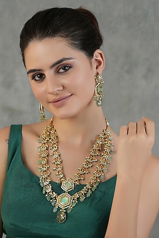 Gold Finish Kundan Polki Layered Necklace Set by Chhavi'S Jewels