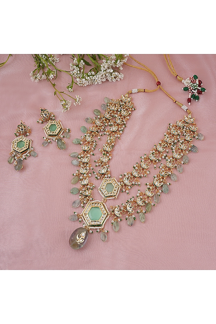 Gold Finish Kundan Polki Layered Necklace Set by Chhavi'S Jewels at Pernia's Pop Up Shop
