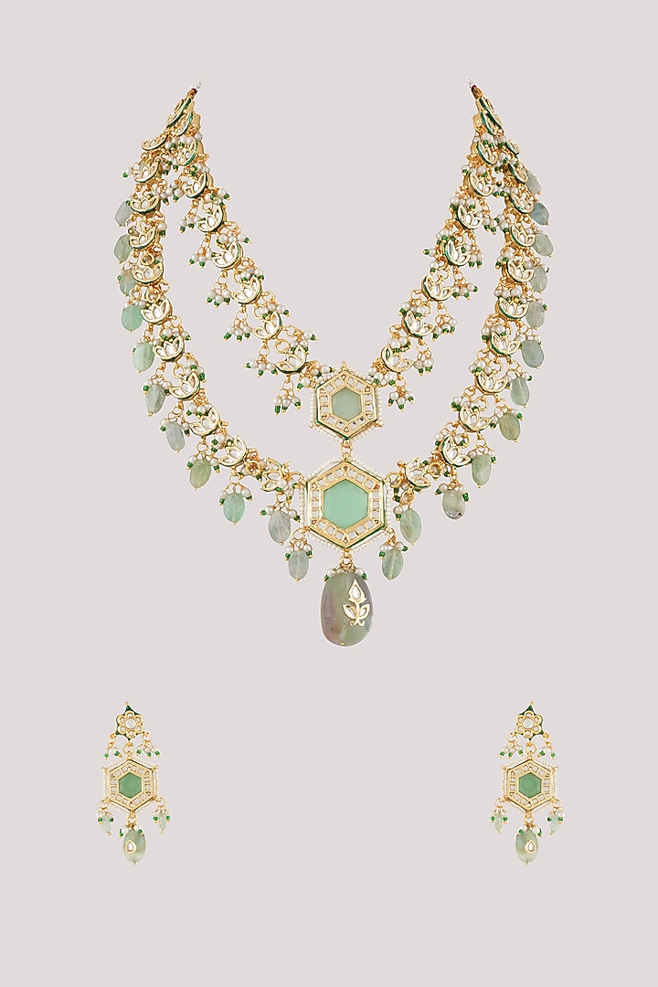 Gold Finish Kundan Polki Layered Necklace Set by Chhavi'S Jewels at Pernia's Pop Up Shop