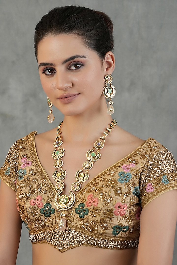 Gold Finish Kundan Polki Long Necklace Set by Chhavi'S Jewels