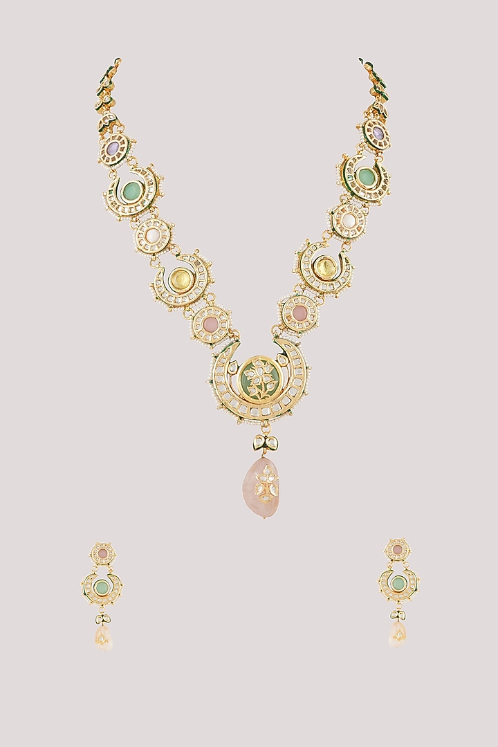 Gold Finish Kundan Polki Long Necklace Set by Chhavi'S Jewels at Pernia's Pop Up Shop