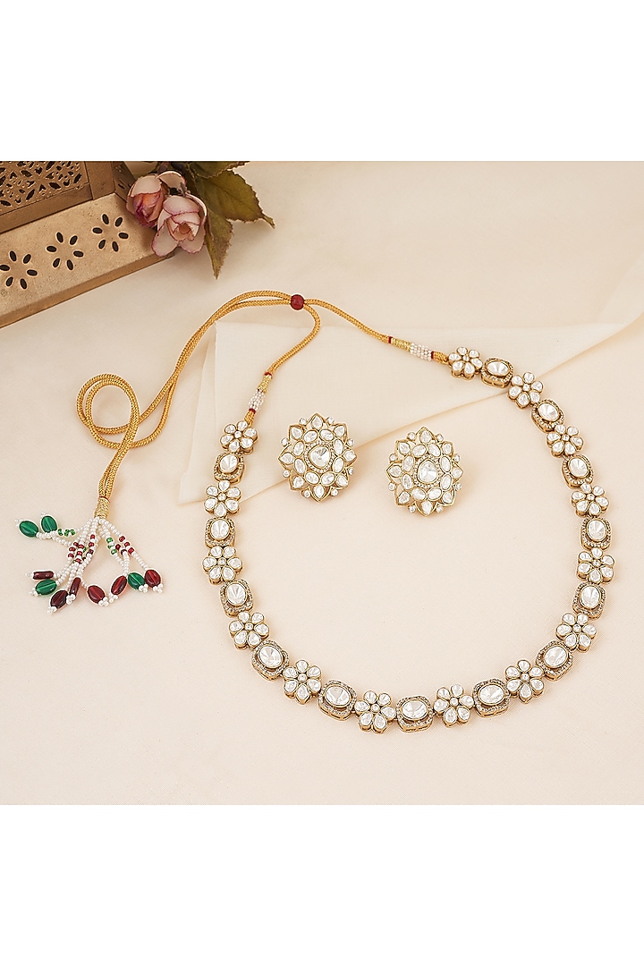 Gold Finish Kundan Polki Long Necklace Set by Chhavi'S Jewels at Pernia's Pop Up Shop