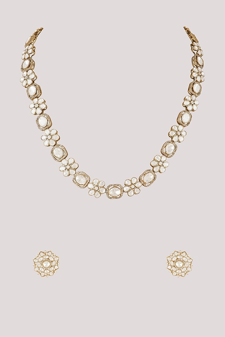 Gold Finish Kundan Polki Long Necklace Set by Chhavi'S Jewels at Pernia's Pop Up Shop