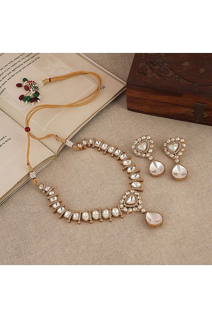 Gold Finish Kundan Polki Long Necklace Set by Chhavi'S Jewels at Pernia's Pop Up Shop