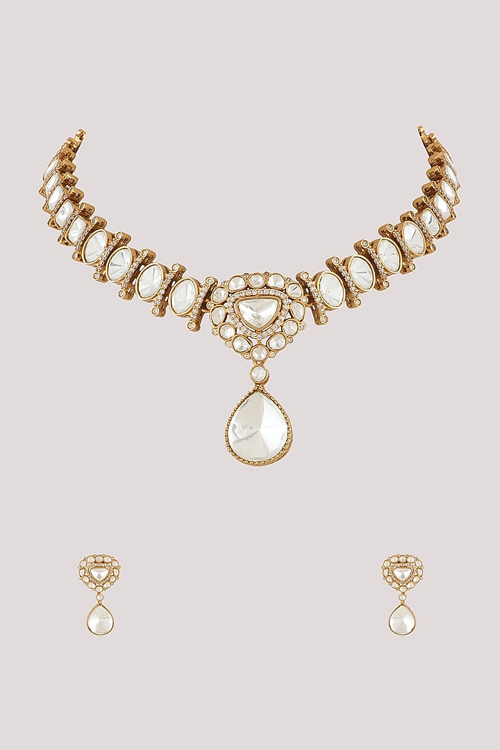Gold Finish Kundan Polki Long Necklace Set by Chhavi'S Jewels at Pernia's Pop Up Shop