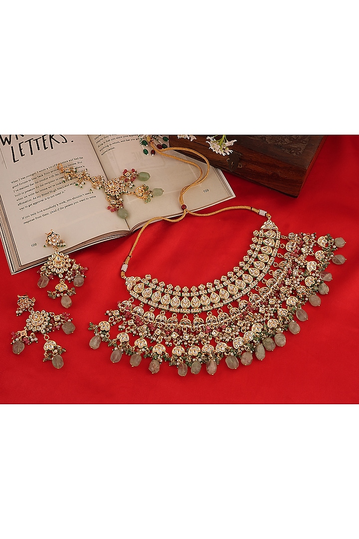 Gold Finish Kundan Polki Necklace Set by Chhavi'S Jewels at Pernia's Pop Up Shop