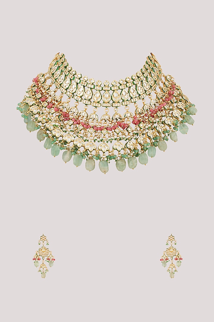 Gold Finish Kundan Polki Necklace Set by Chhavi'S Jewels at Pernia's Pop Up Shop
