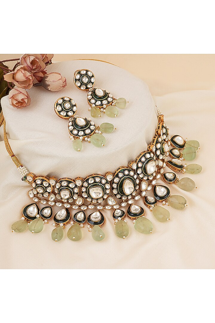 Gold Finish Kundan Polki Choker Necklace Set by Chhavi'S Jewels at Pernia's Pop Up Shop