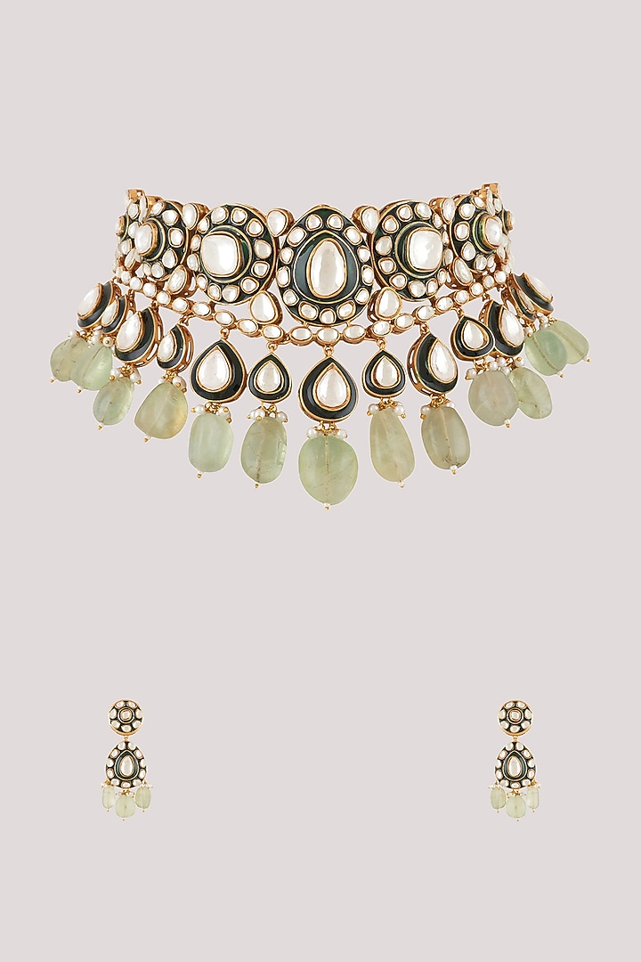Gold Finish Kundan Polki Choker Necklace Set by Chhavi'S Jewels at Pernia's Pop Up Shop
