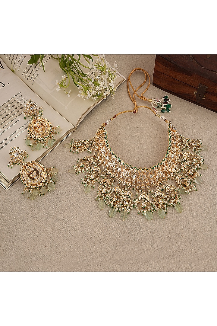 Gold Finish Kundan Polki Necklace Set by Chhavi'S Jewels at Pernia's Pop Up Shop