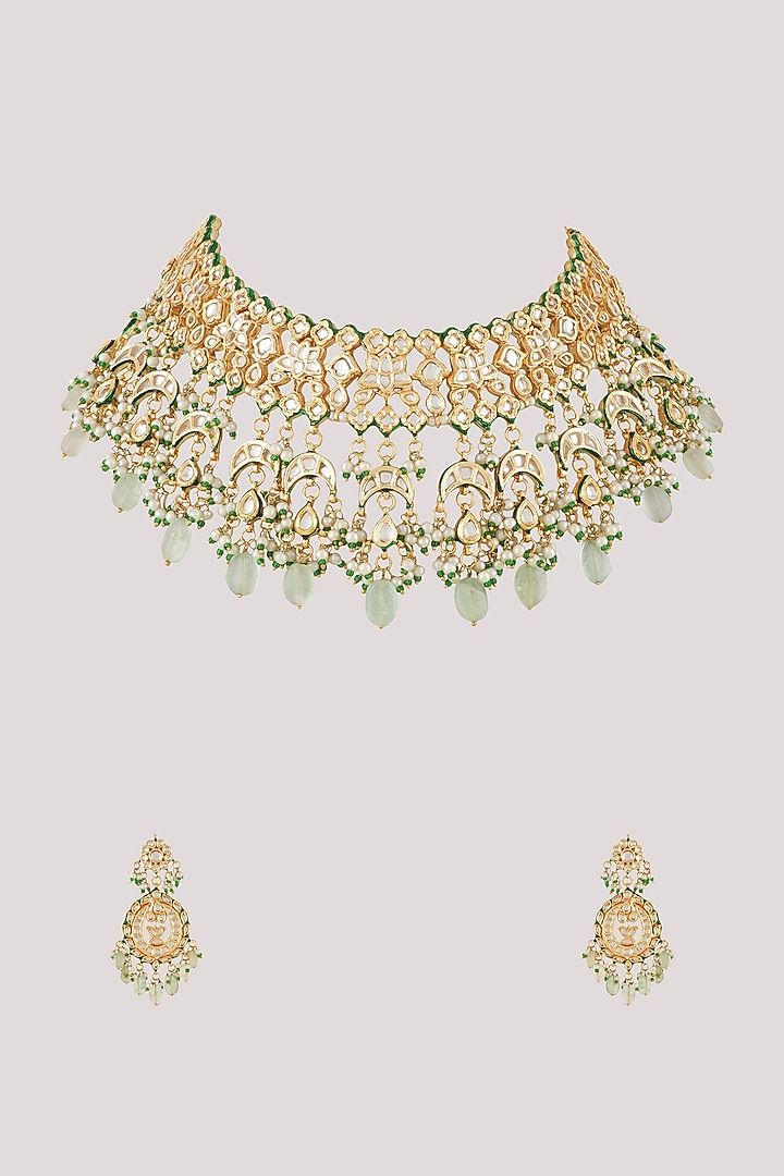 Gold Finish Kundan Polki Necklace Set by Chhavi'S Jewels at Pernia's Pop Up Shop