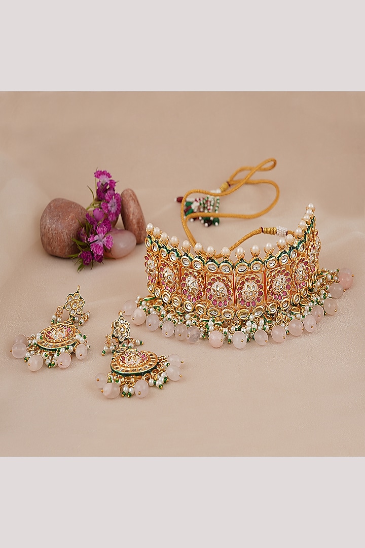 Gold Finish Kundan Polki Choker Necklace Set by Chhavi'S Jewels at Pernia's Pop Up Shop