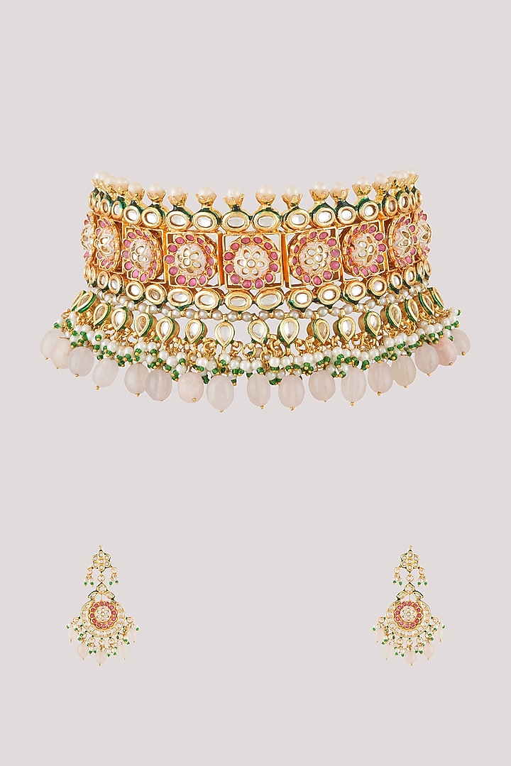 Gold Finish Kundan Polki Choker Necklace Set by Chhavi'S Jewels at Pernia's Pop Up Shop