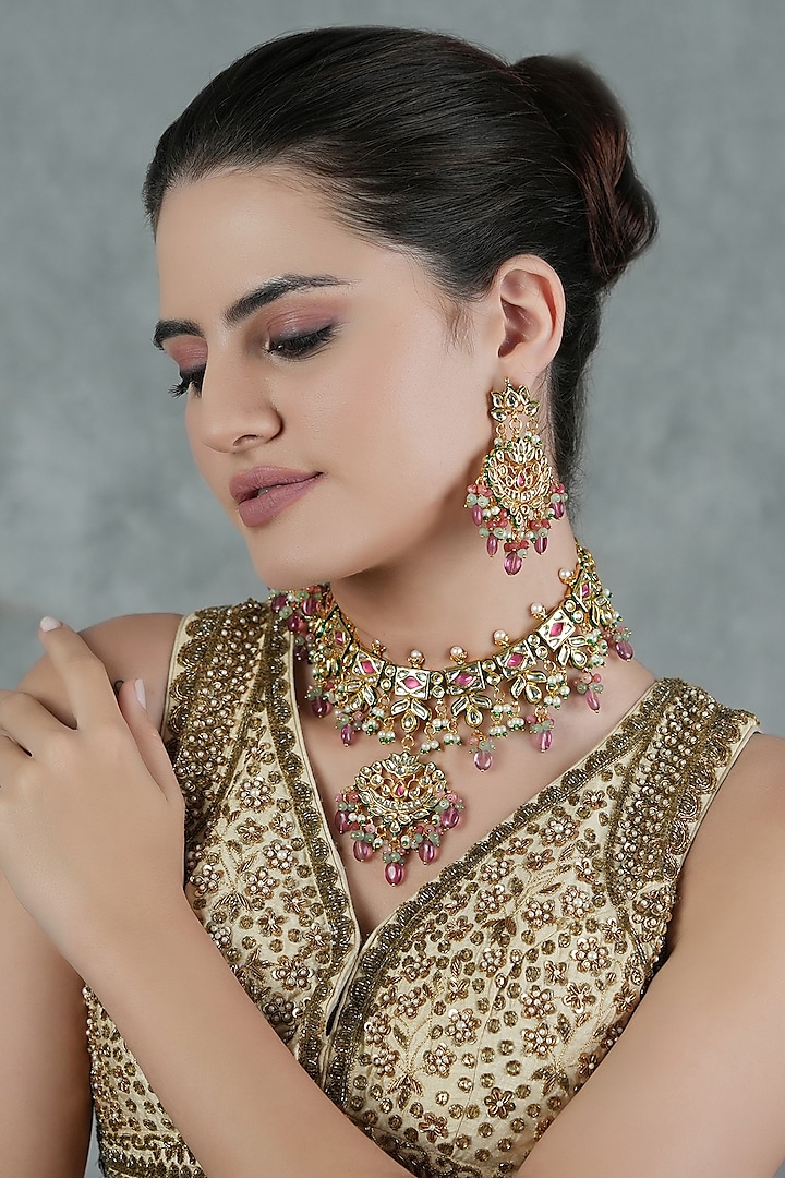 Gold Finish Kundan Polki Necklace Set by Chhavi'S Jewels