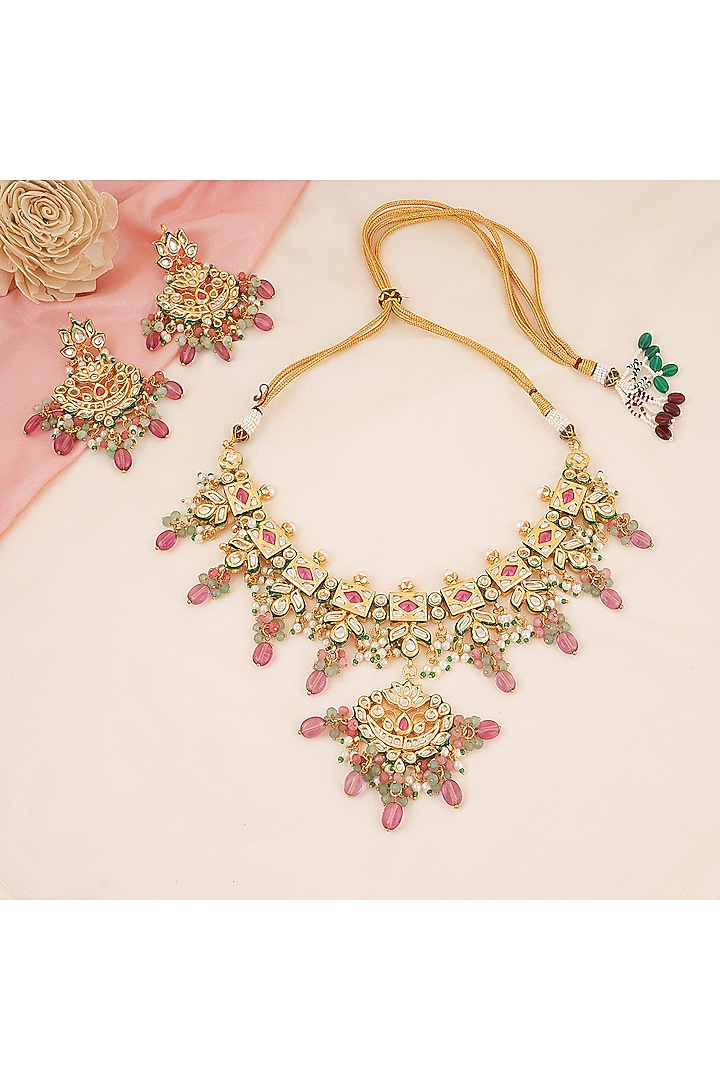 Gold Finish Kundan Polki Necklace Set by Chhavi'S Jewels at Pernia's Pop Up Shop