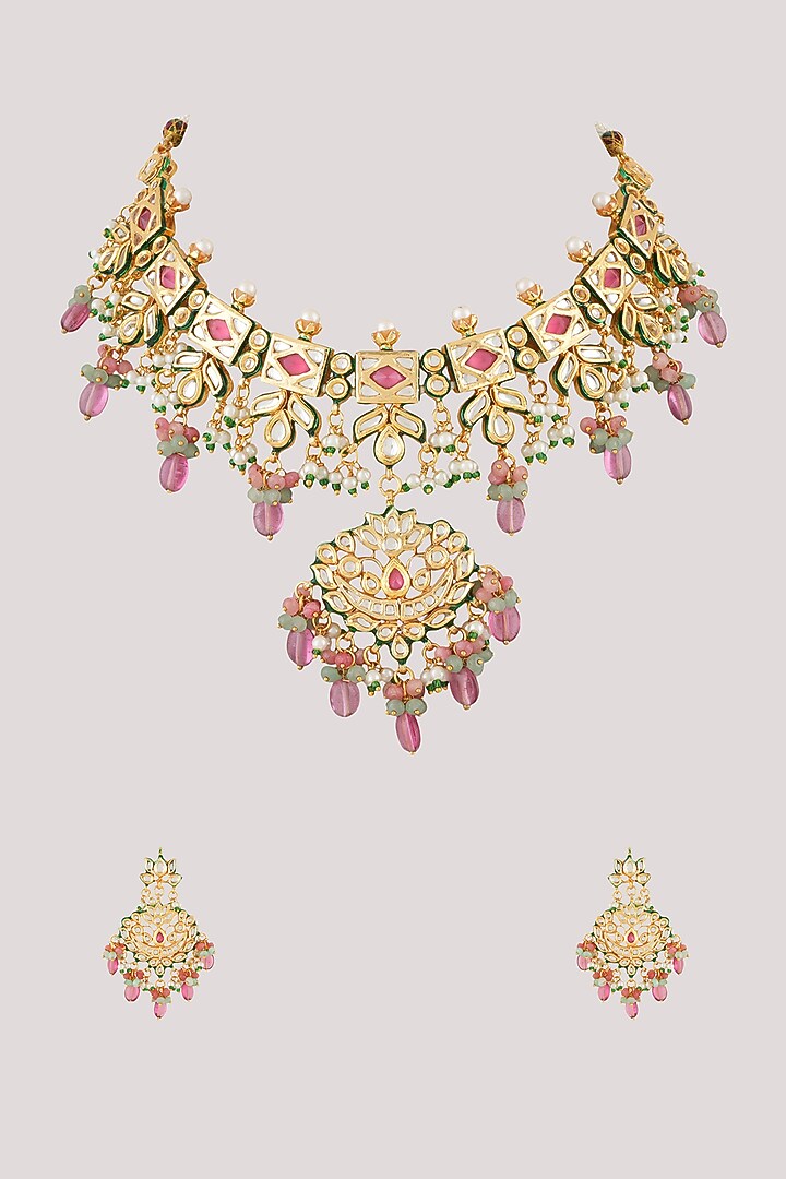 Gold Finish Kundan Polki Necklace Set by Chhavi'S Jewels at Pernia's Pop Up Shop