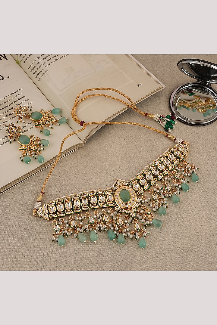 Gold Finish Kundan Polki Choker Necklace Set by Chhavi'S Jewels at Pernia's Pop Up Shop