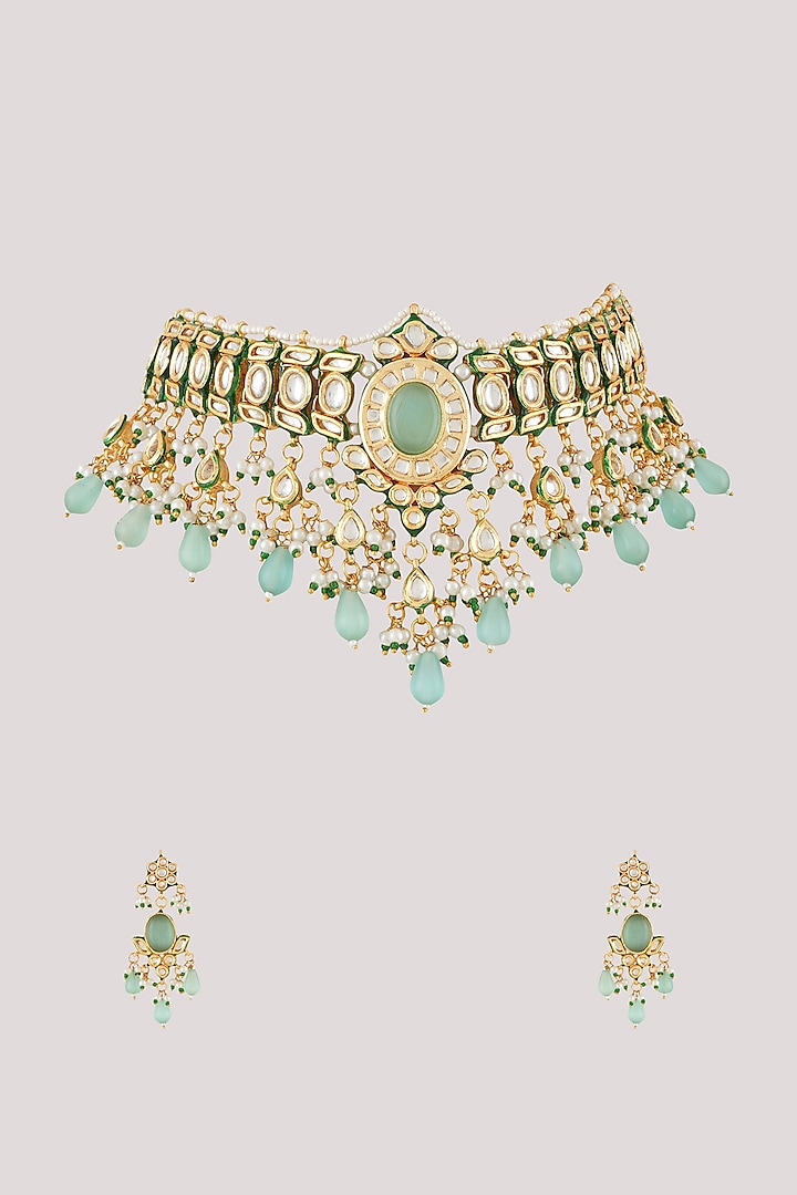 Gold Finish Kundan Polki Choker Necklace Set by Chhavi'S Jewels at Pernia's Pop Up Shop