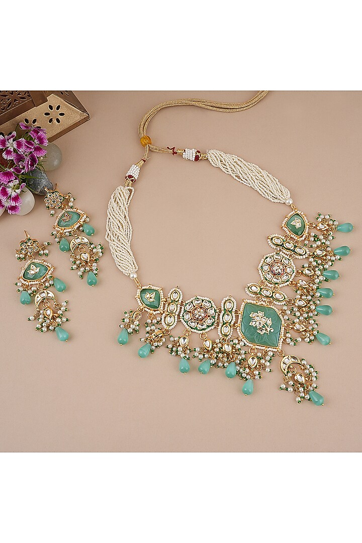 Gold Finish Kundan Polki Necklace Set by Chhavi'S Jewels at Pernia's Pop Up Shop