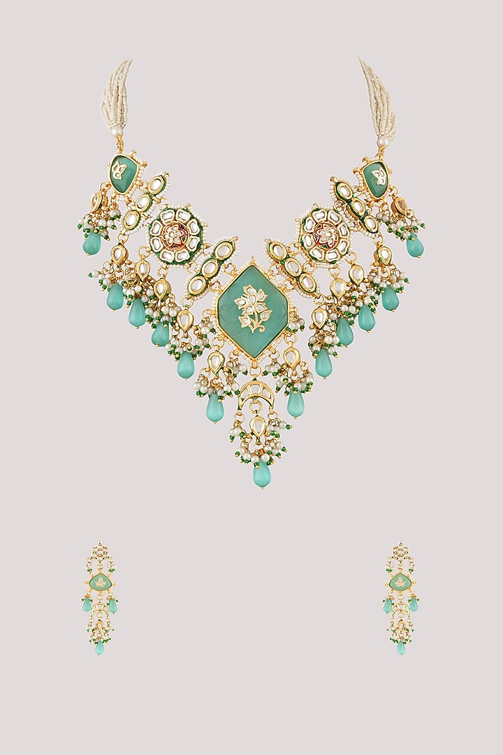 Gold Finish Kundan Polki Necklace Set by Chhavi'S Jewels at Pernia's Pop Up Shop