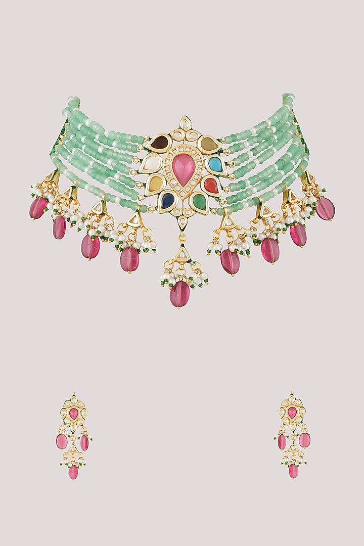 Gold Finish Kundan Polki Choker Necklace Set by Chhavi'S Jewels at Pernia's Pop Up Shop