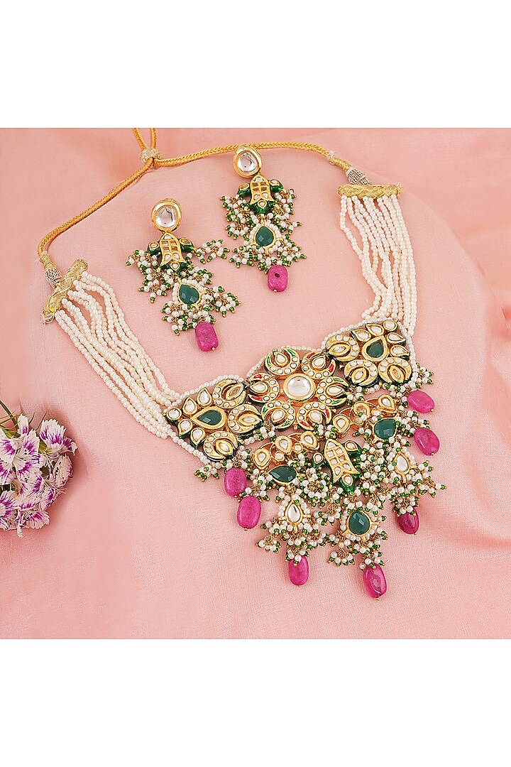 Gold Finish Kundan Polki Choker Necklace Set by Chhavi'S Jewels at Pernia's Pop Up Shop