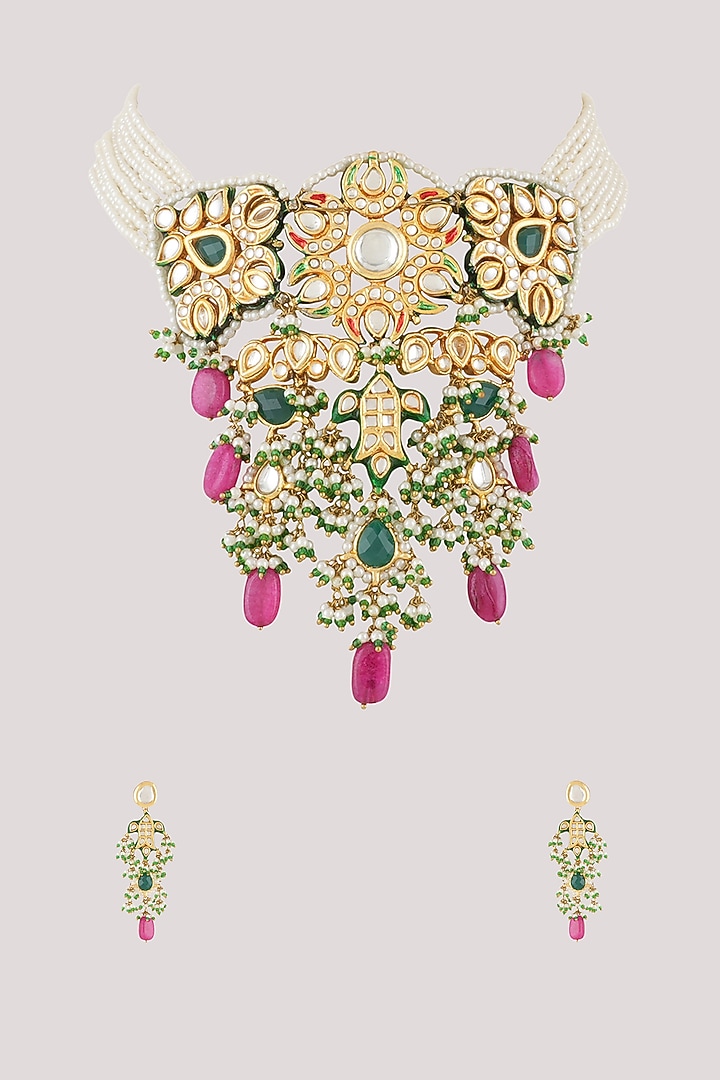 Gold Finish Kundan Polki Choker Necklace Set by Chhavi'S Jewels at Pernia's Pop Up Shop