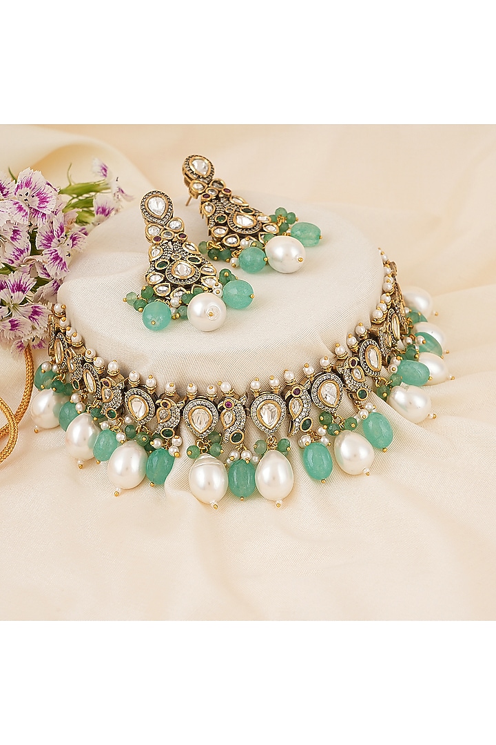 Gold Finish Kundan Polki Choker Necklace Set by Chhavi'S Jewels at Pernia's Pop Up Shop