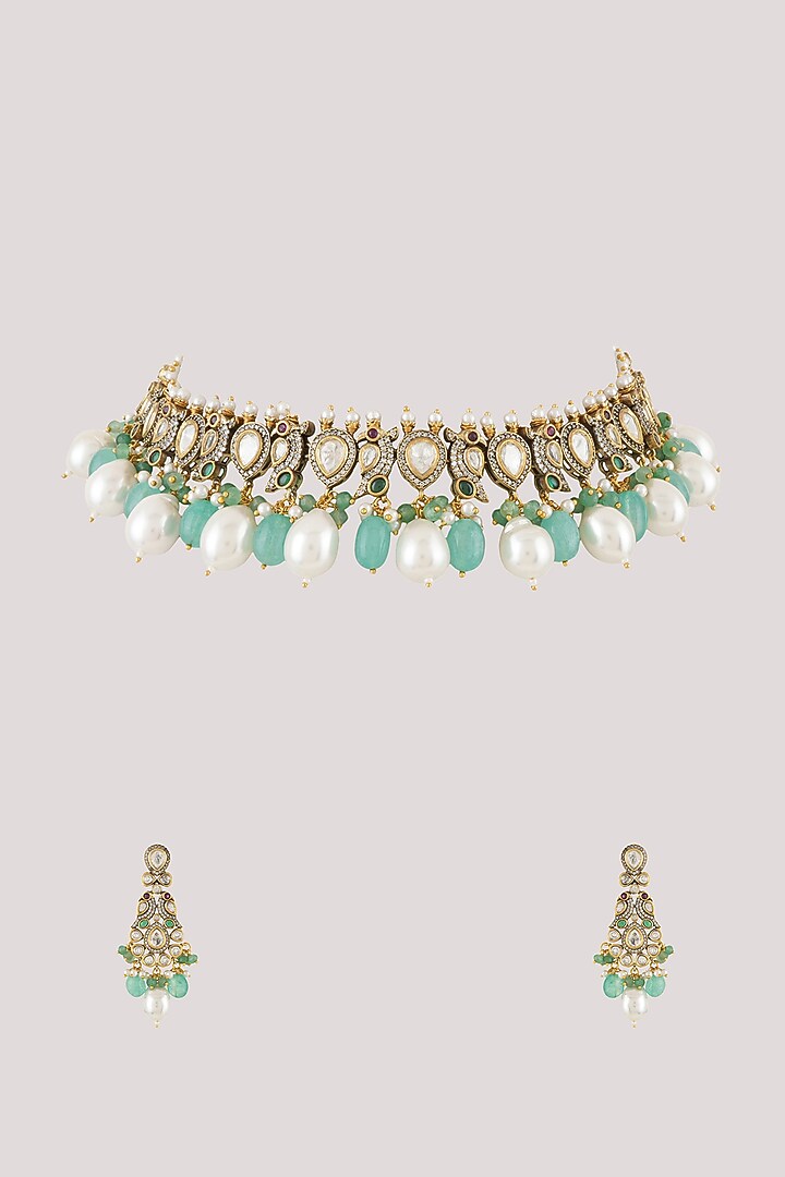 Gold Finish Kundan Polki Choker Necklace Set by Chhavi'S Jewels at Pernia's Pop Up Shop