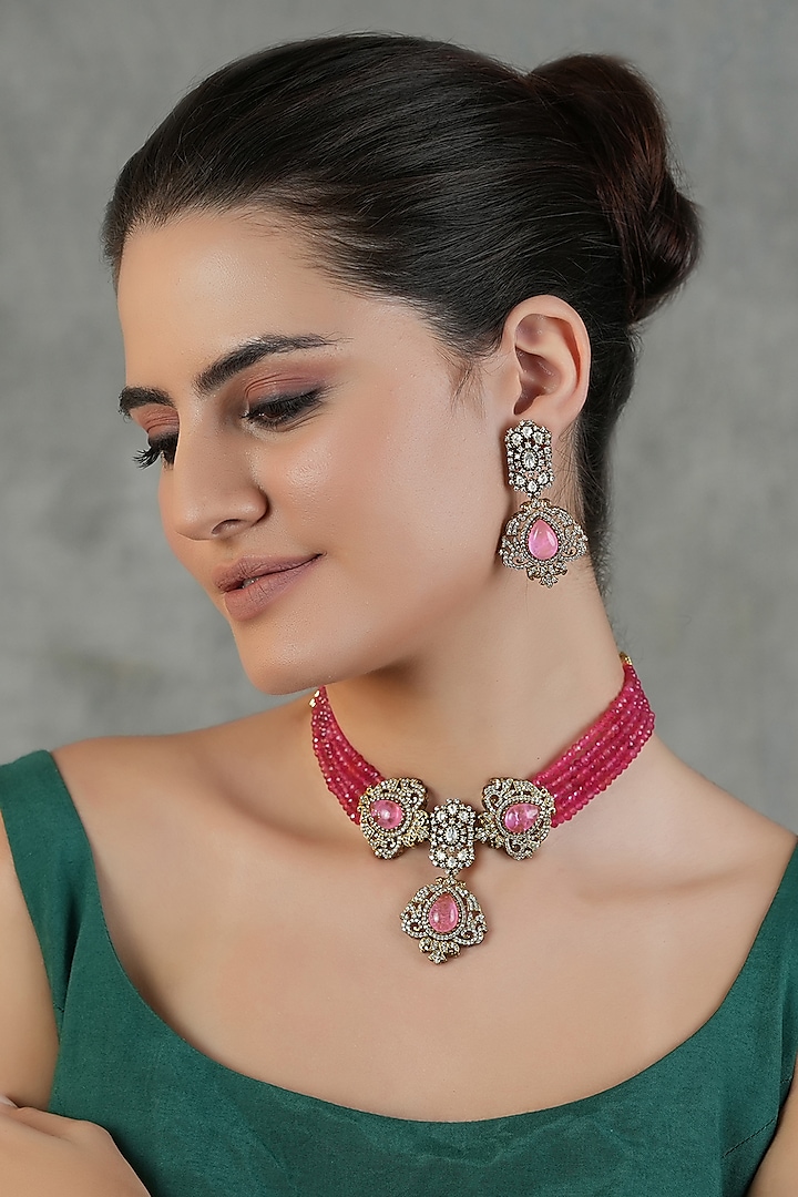 Gold Finish Kundan Polki Choker Necklace Set by Chhavi'S Jewels