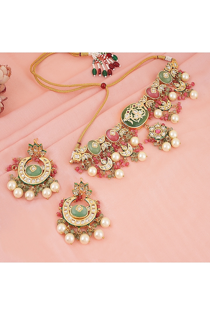 Gold Finish Kundan Polki Choker Necklace Set by Chhavi'S Jewels at Pernia's Pop Up Shop