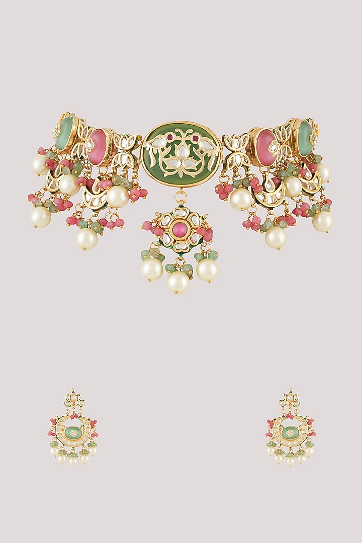 Gold Finish Kundan Polki Choker Necklace Set by Chhavi'S Jewels at Pernia's Pop Up Shop