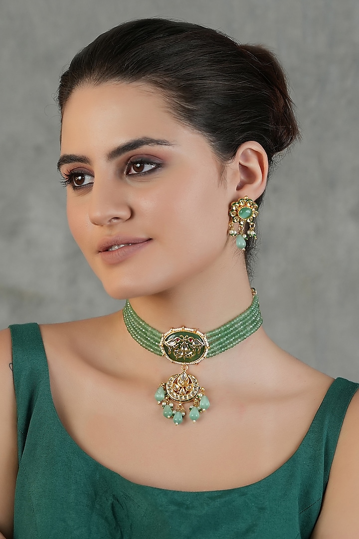 Gold Finish Kundan Polki Choker Necklace Set by Chhavi'S Jewels