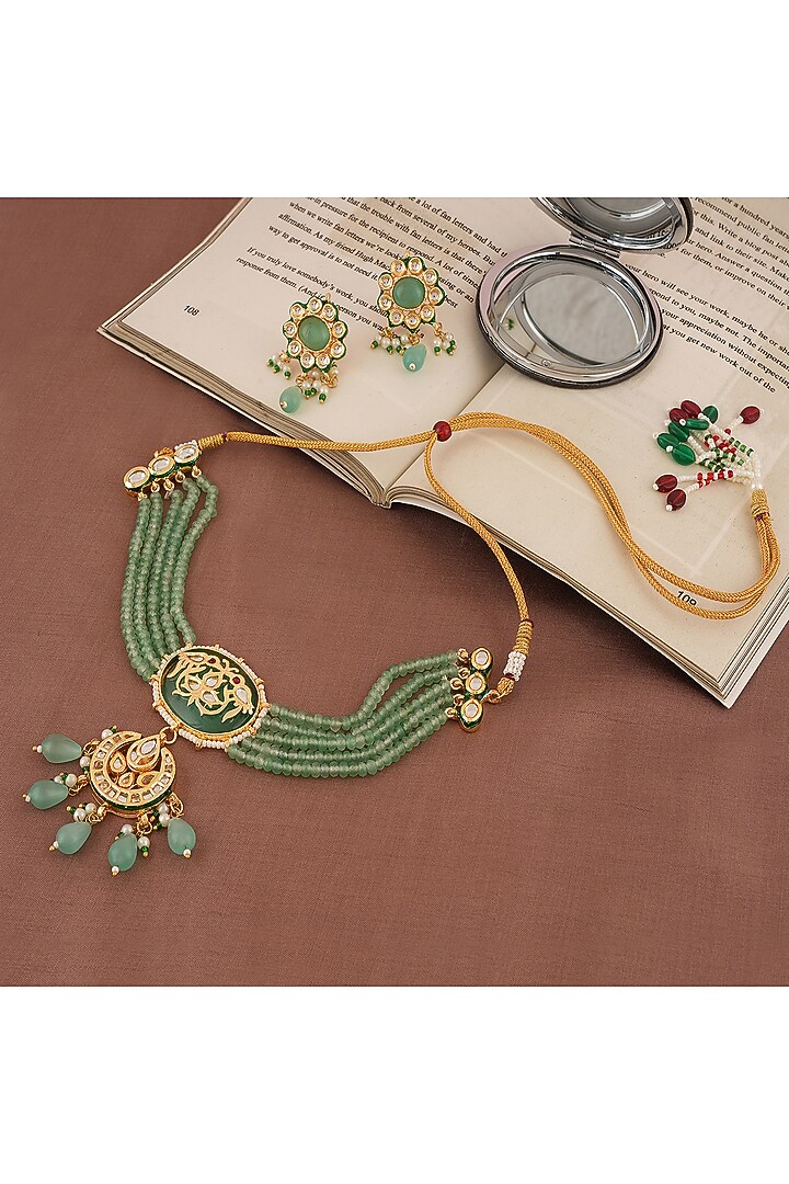 Gold Finish Kundan Polki Choker Necklace Set by Chhavi'S Jewels at Pernia's Pop Up Shop