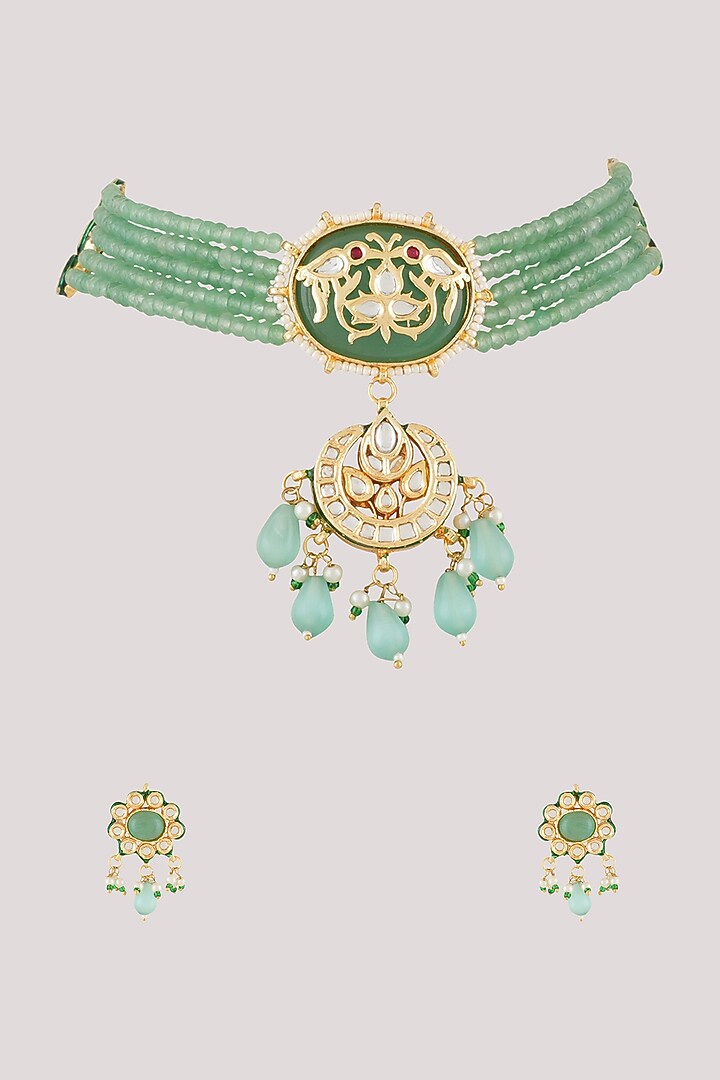 Gold Finish Kundan Polki Choker Necklace Set by Chhavi'S Jewels at Pernia's Pop Up Shop