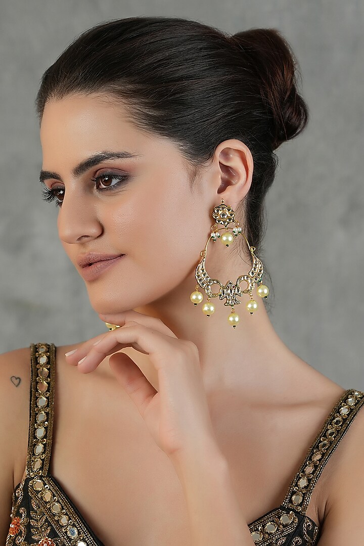 Gold Finish Kundan Polki Dangler Earrings by Chhavi'S Jewels