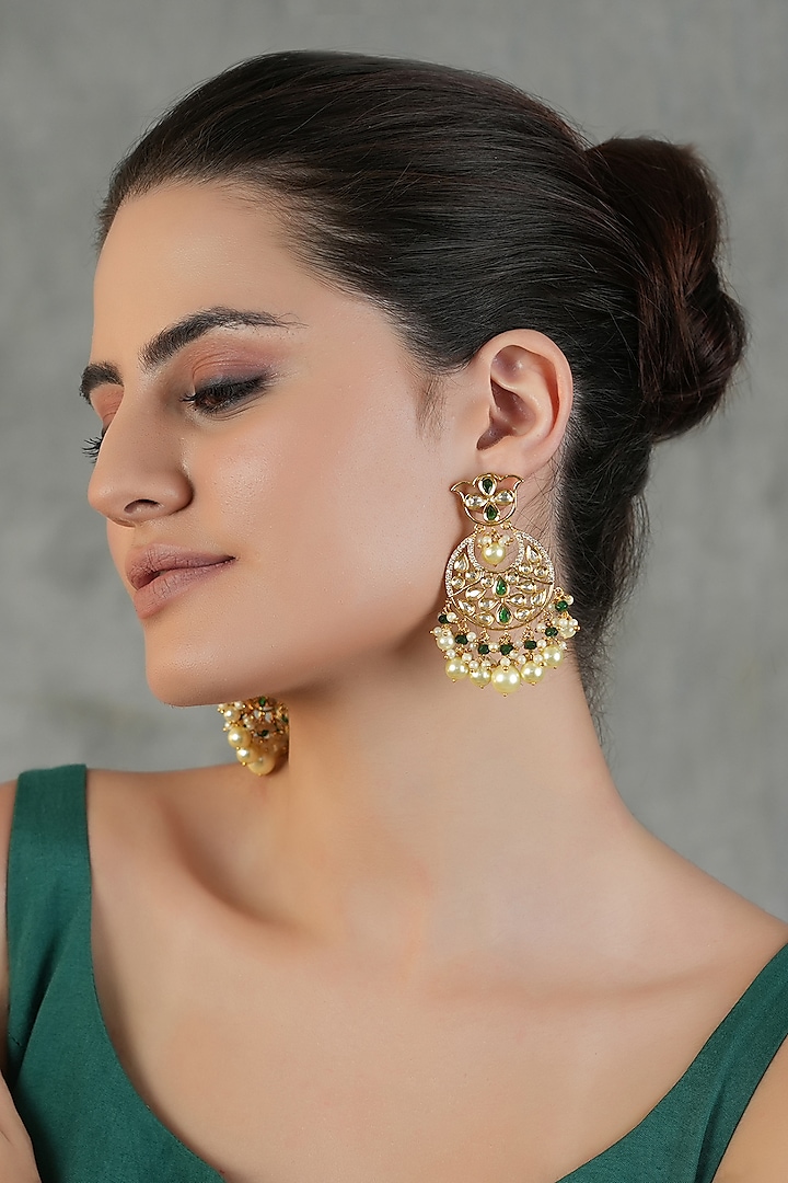 Gold Finish Kundan Polki Chandbaali Earrings by Chhavi'S Jewels