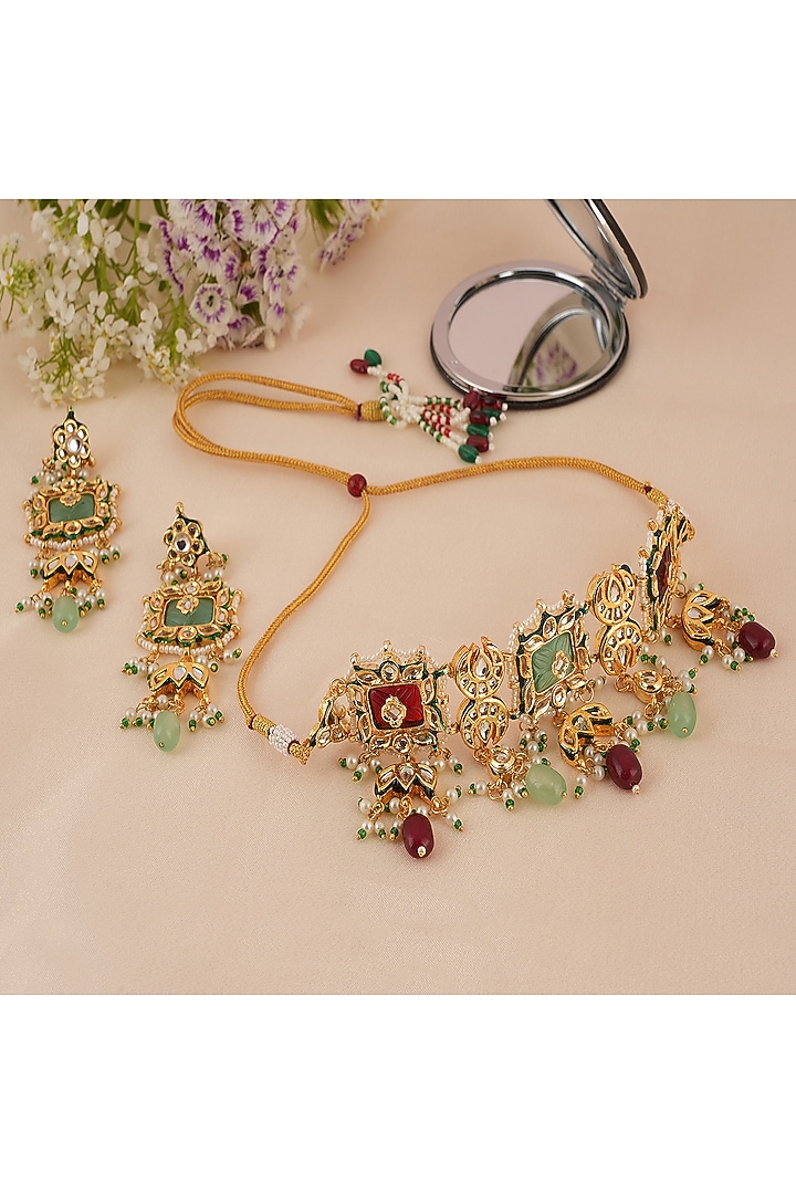 Gold Finish Kundan Polki Choker Necklace Set by Chhavi'S Jewels at Pernia's Pop Up Shop