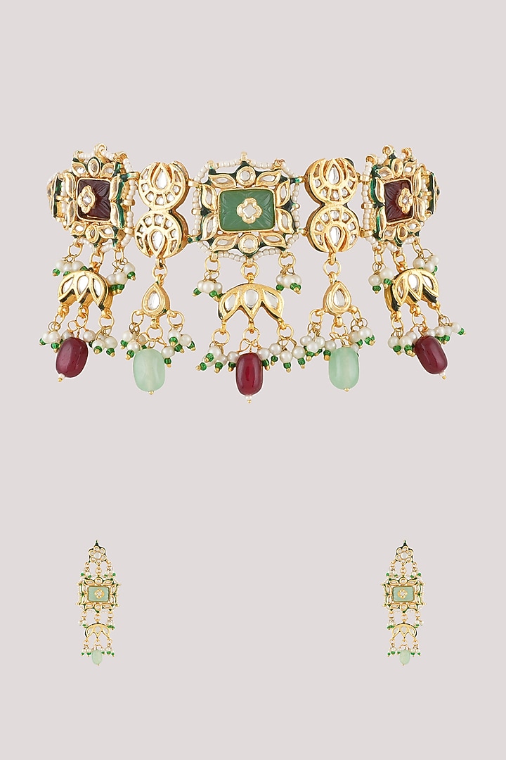 Gold Finish Kundan Polki Choker Necklace Set by Chhavi'S Jewels at Pernia's Pop Up Shop