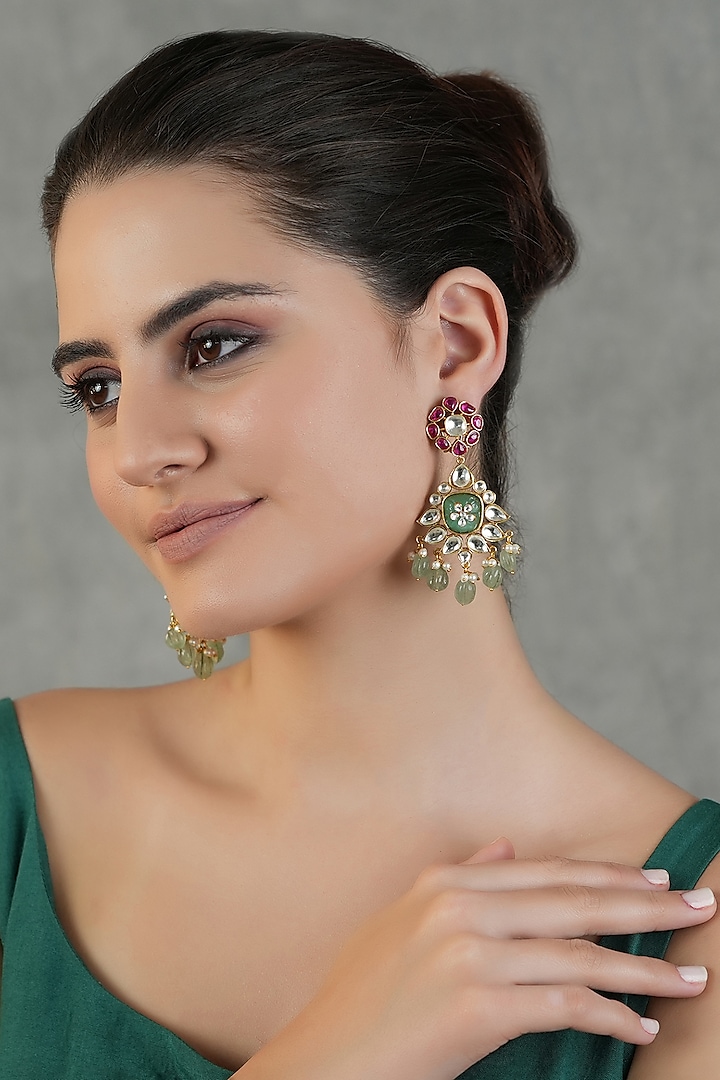 Gold Finish Kundan Polki Dangler Earrings by Chhavi'S Jewels